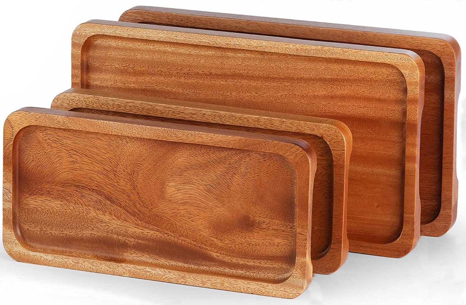 Price:$42.98 Serving Tray and Platter Set of 4 (14" & 12") Solid Natural Wood for Food Holder/BBQ/Party Buffet, Avoid Sliding Spilling Food with Easy Carry Grooved Handle Design: Platters