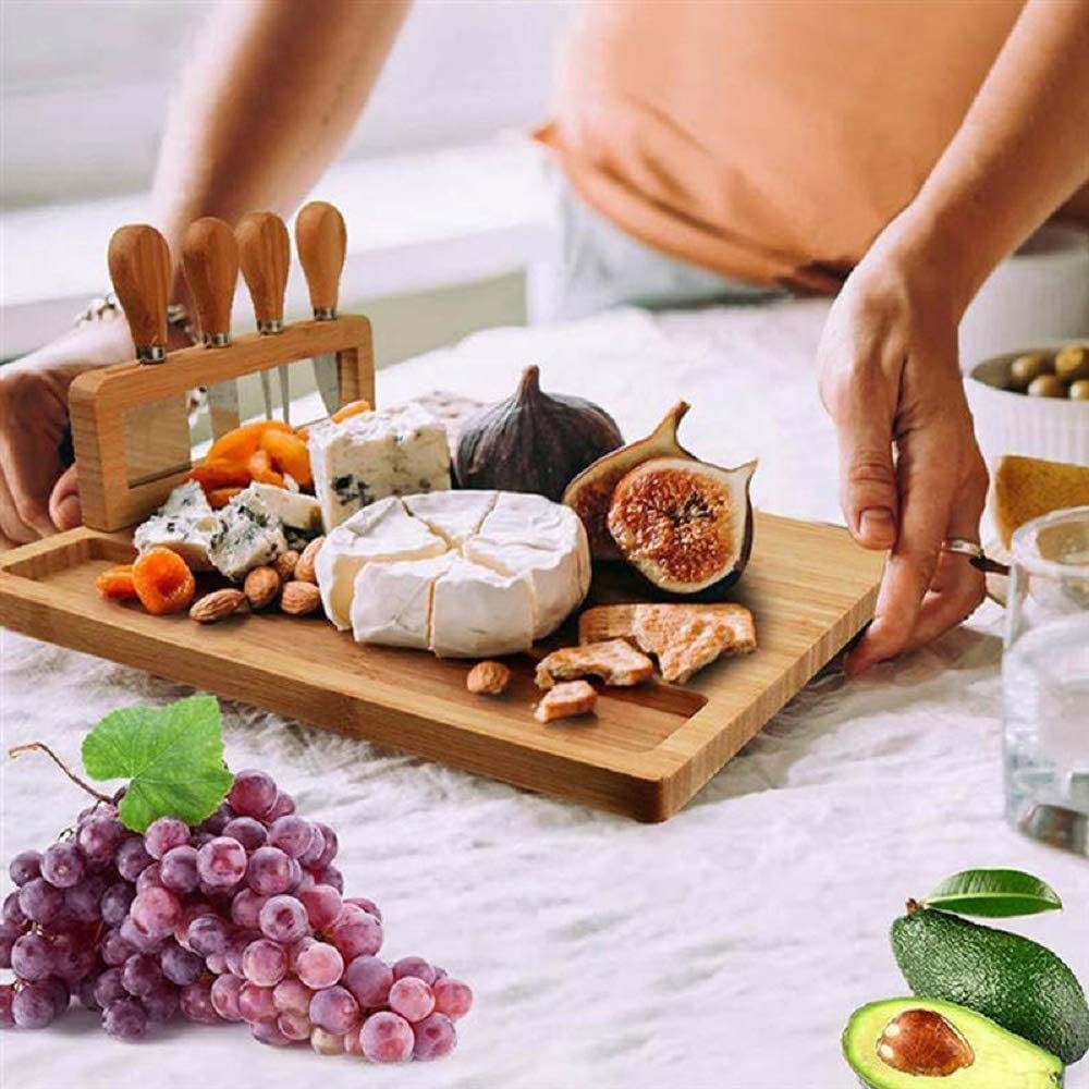 Price:$49.99 Cheese Board Set, Bamboo Serving Meat Board And Charcuterie Platter Including 4 Stainless Steel Knife and Serving Utensils, Unique Gifts for Christmas Wedding Birthday Anniversary: Cheese Plates