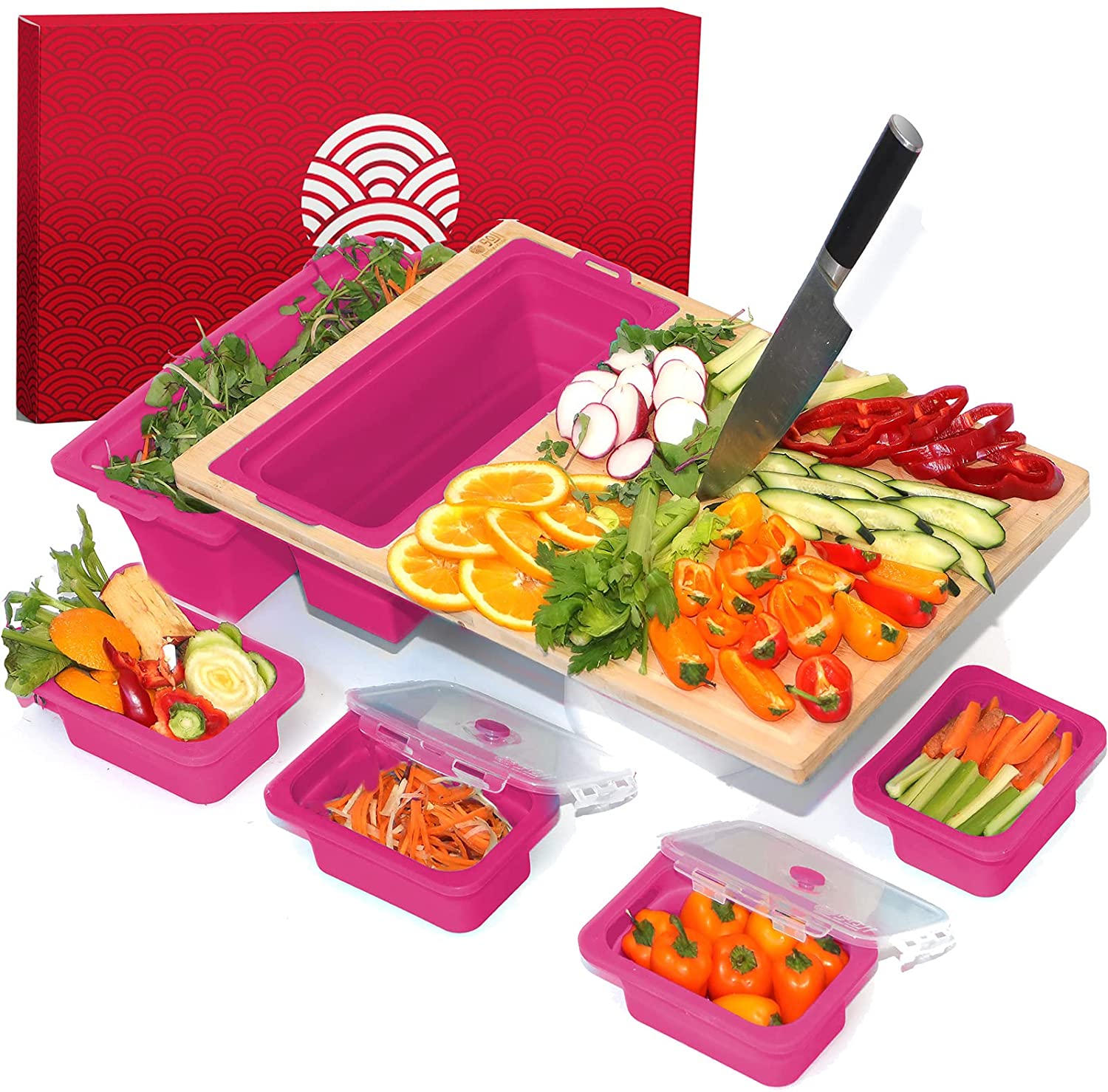 Price:$69.99 Extra Large Bamboo Cutting Board With Containers (Set Of 9) - Over The Sink Chopping Board With Collapsible Strainers - Meal Prep Station For Meat, Cheese And Vegetable (15x20in): Home & Kitchen