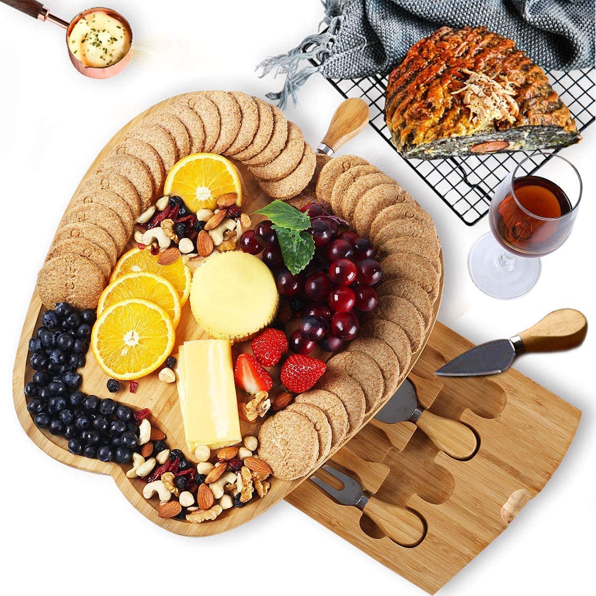 Price:$42.89 Bamboo Apple Cheese Boards with Knives Set, 13 Inch Classic Charcuterie Board, Large Meat Cheese Serving Platter for Entertaining and Serving, Charcuterie Platter for Party Christmas: Cheese Servers