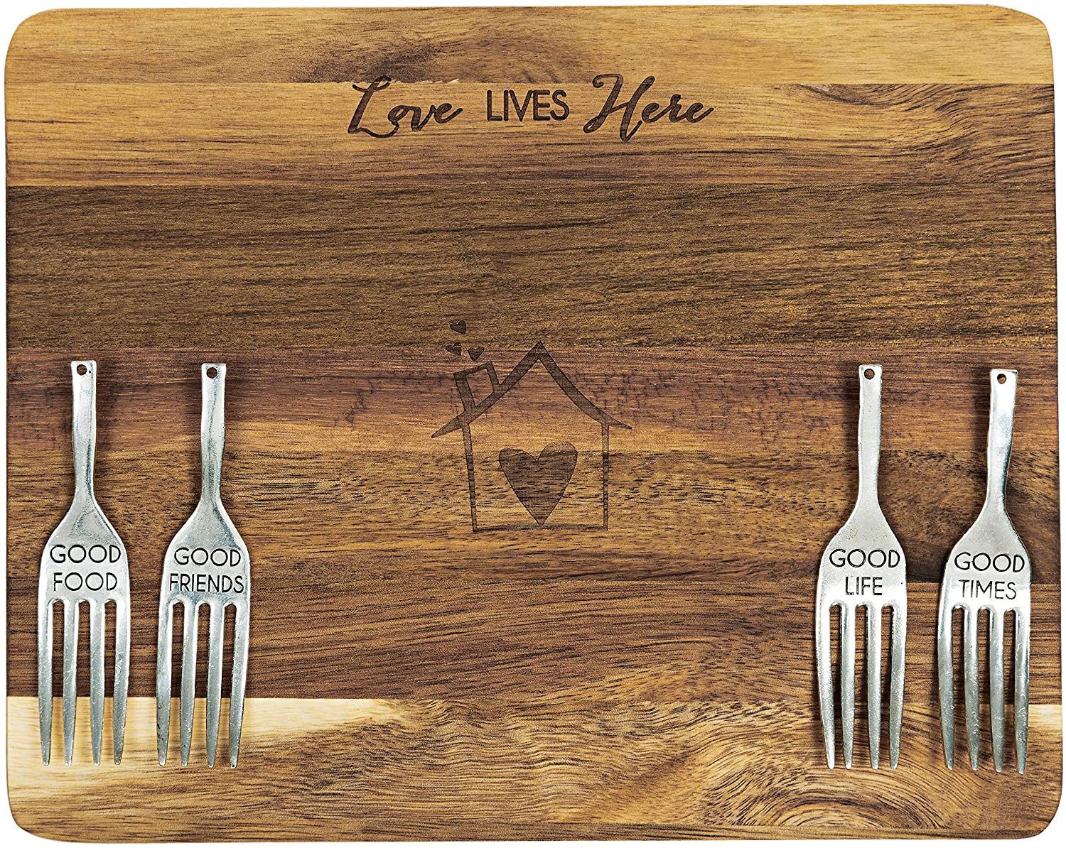 Price:$24.84 Gift Company Love Lives Here House 7 x 9 Inch Cutting Cheese Board, Set Of 4 Forks With Debossed Text, 9", Brown: Home & Kitchen