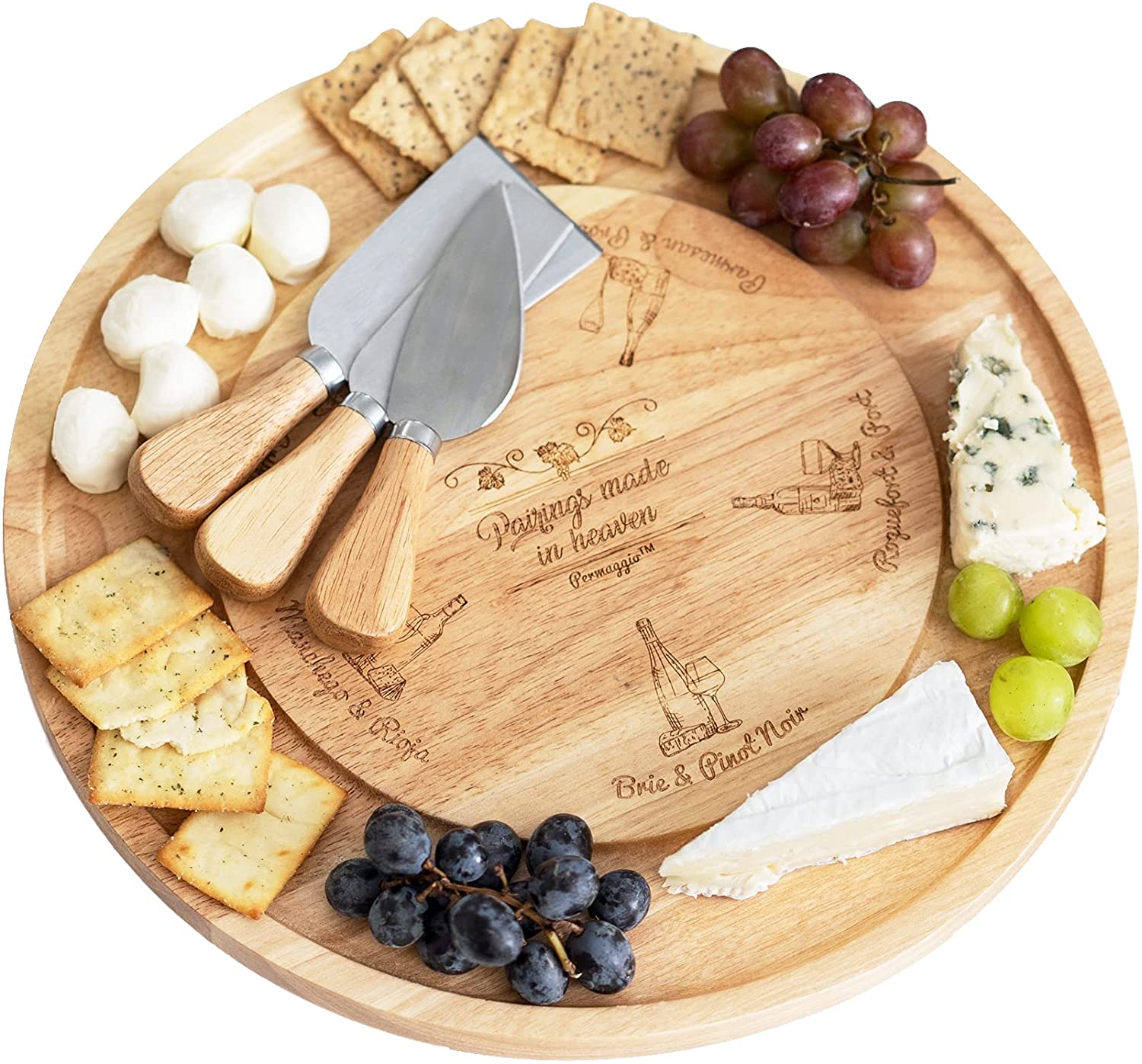 Price:$39.95 Cheese Board and Knife Set, Wine and Cheese Serving Set, Lazy Susan Tray Charcuterie Platter 13.1", Natural Rubber Wood, Perfect Hostess Gift, Swivel Server Cheeseboard Gift Set: Cheese Servers