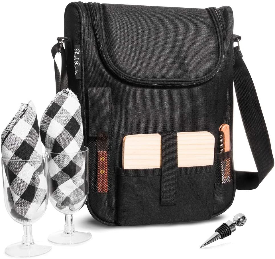 Price:$34.99 : Plush Picnic - Wine Carrier Picnic Set, Durable Wine Cooler Bag with Glasses, Wine Cheese Tote for Couples, Picnic Bag for 2, Men’s & Women's Gift, Picnic Accessories Included-Black : Home & Kitchen