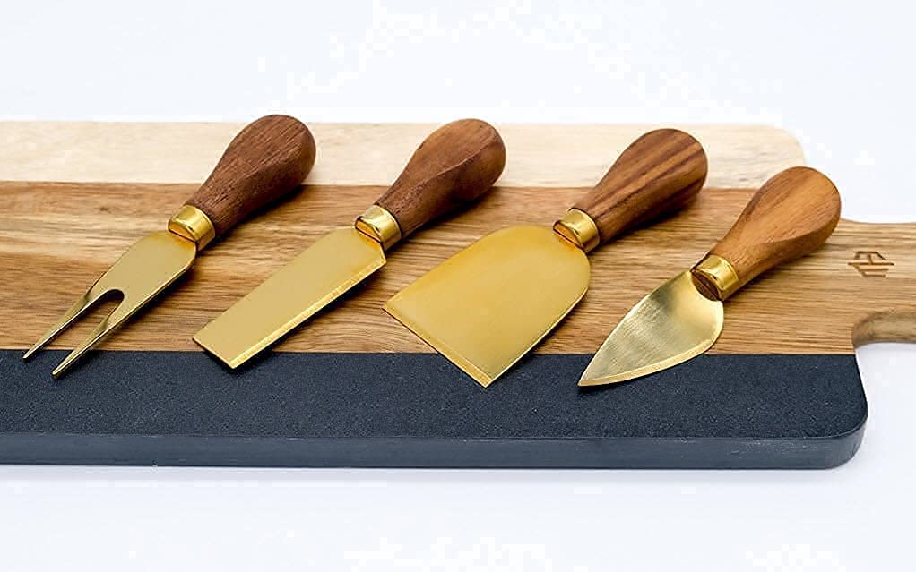 Price:$24.99 Home -Premium Modern Black Walnut and Gold Cheese Knives Set - Set of 4 - For Charcuterie Platters, Cheese Boards, Housewarming, Gift Ready: Cheese Plates