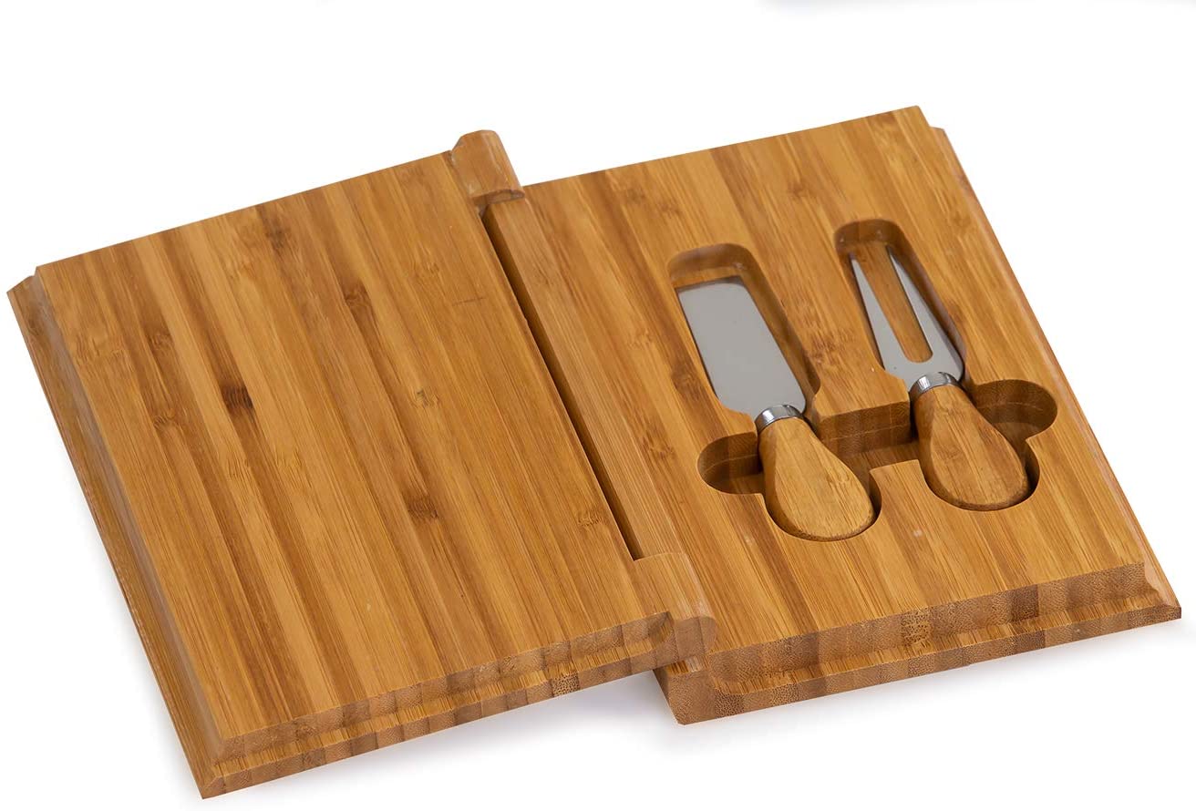 Price:$23.99 Bamboo Unique Book Designed Cheese Board with 2 Stainless Steel Serving Tools by Picnic Plus, 6"w x 9"d x 1 1/2"h: Cheese Plates
