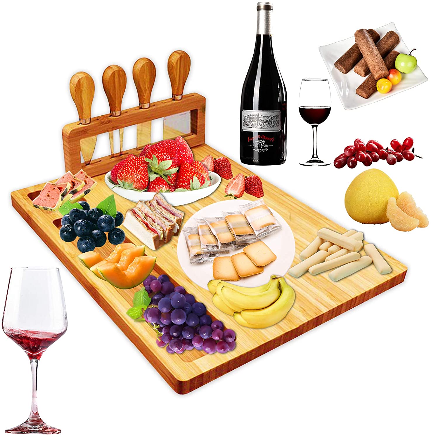 Price:$26.99 Bamboo Cheese Board Set with 4 Stainless Steel Knives Cheese Tray Charcuterie Platter and Serving Meat Board for Christmas Birthday Party Holidays Anniversary(14''x11'') : Home & Kitchen