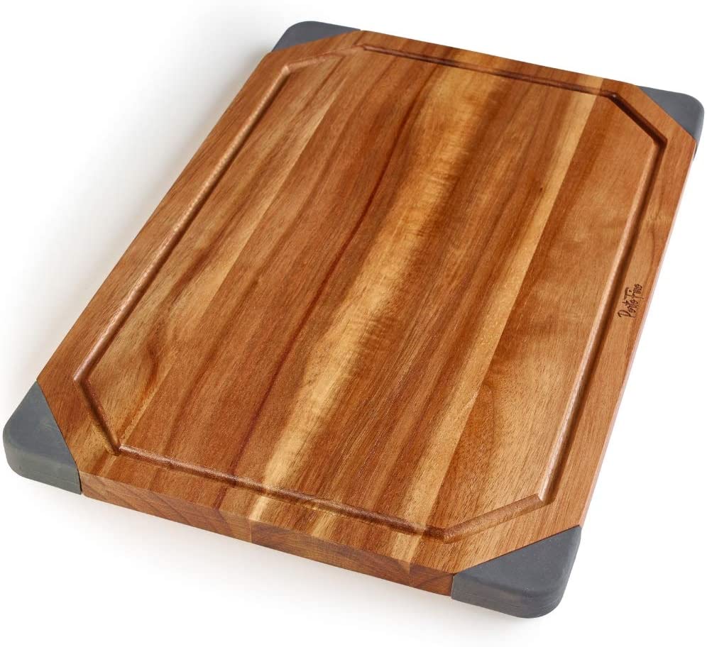 Price:$27.99 Acacia Wood Cutting Board / 2-in-1 Reversible Serving Board / Cheese Board / Anti-Slip Non-Marking Silicone Corners / 15.75 L x 10.5 W x 0.75 H (inches): Home & Kitchen