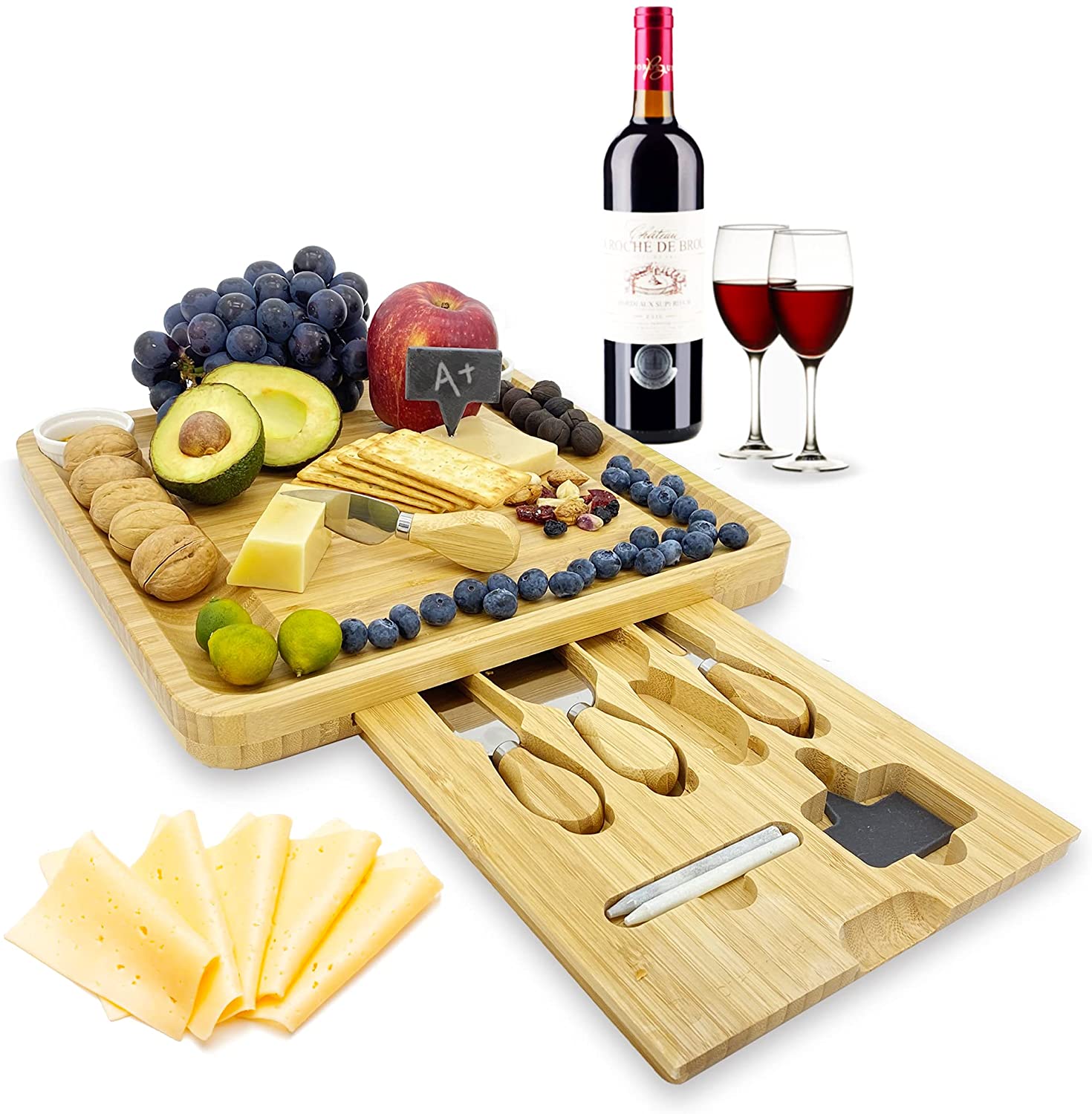 Price:$36.99 Bamboo Deli Board Gift Set，2 Jam Saucers and 4 Stainless Steel Knives，13 x 13 Inch Bamboo Charcuterie Platter for Cheese Meat Fruit，House Warming Mother’s Day Gift: Cheese Plates