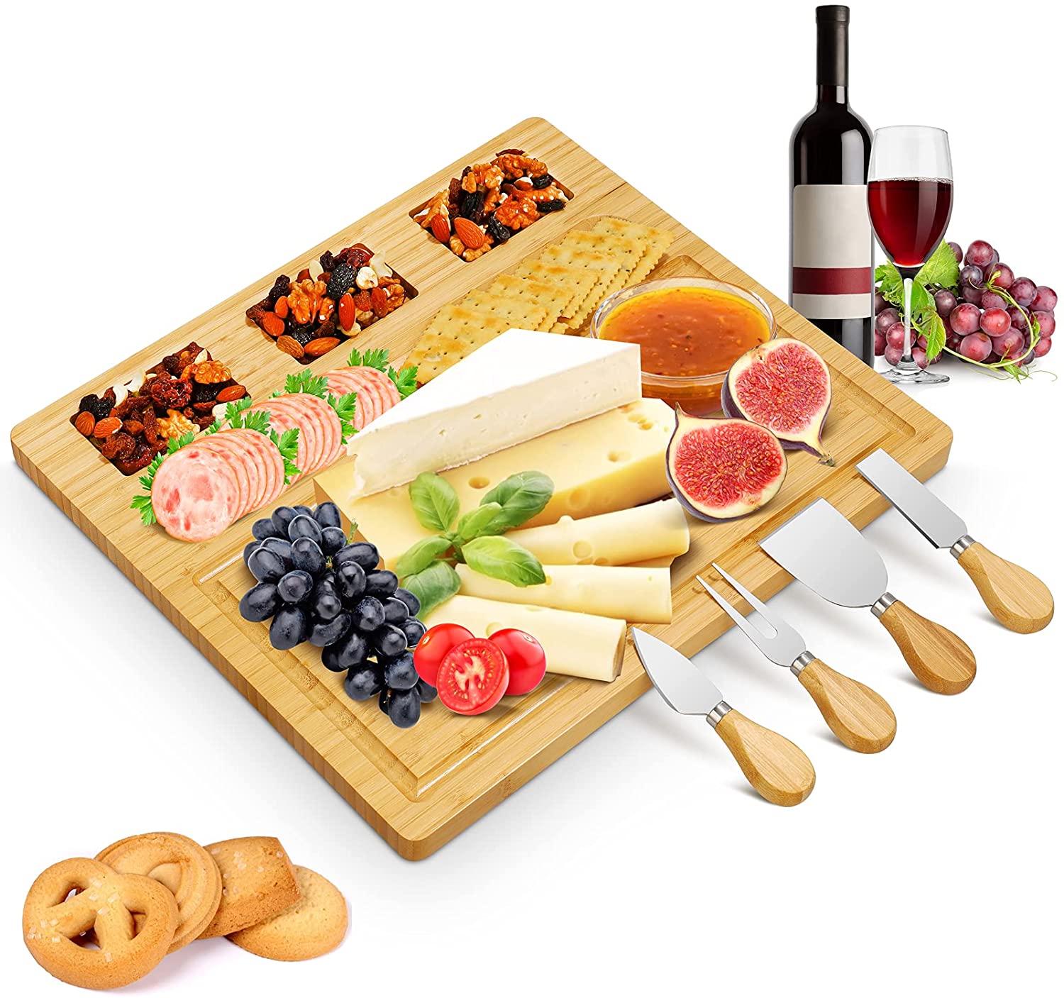 Price:$29.99 Cheese Board and Knife Set, Wood Charcuterie Board Set, Bamboo Charcuterie Platter, Large Cheese Serving Board Set, Serving Tray for Cheese, Meat, Crackers, Gifts for Wedding, Housewarming: Cheese Plates