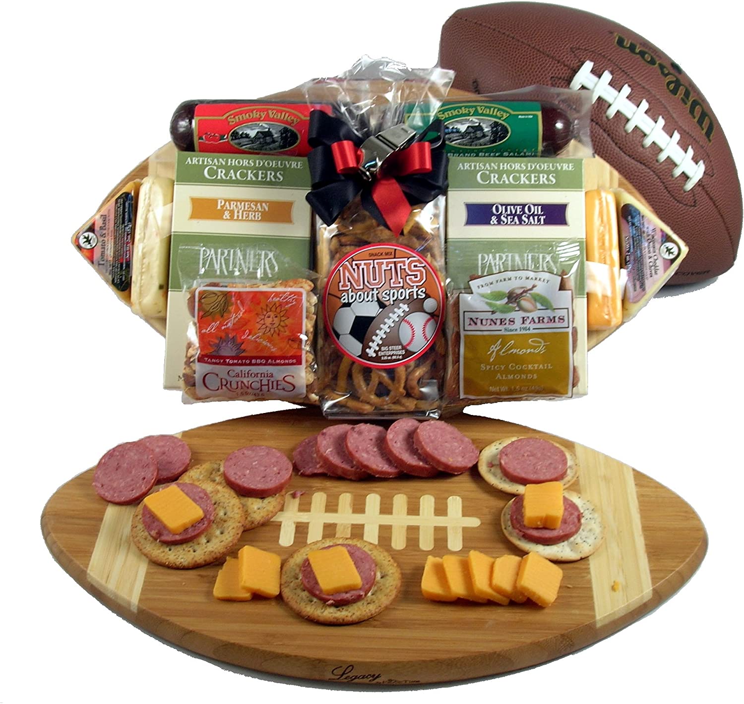 Price:$78.00 : Gift Basket Village Halftime Favorites - Deluxe, Football Shaped Bamboo Cutting Board with Meat and Cheese for Serving Game Day Snacks, Tan, Medium, (HaFa-med) : Gourmet Snacks And Hors Doeuvres Gifts : Home & Kitchen