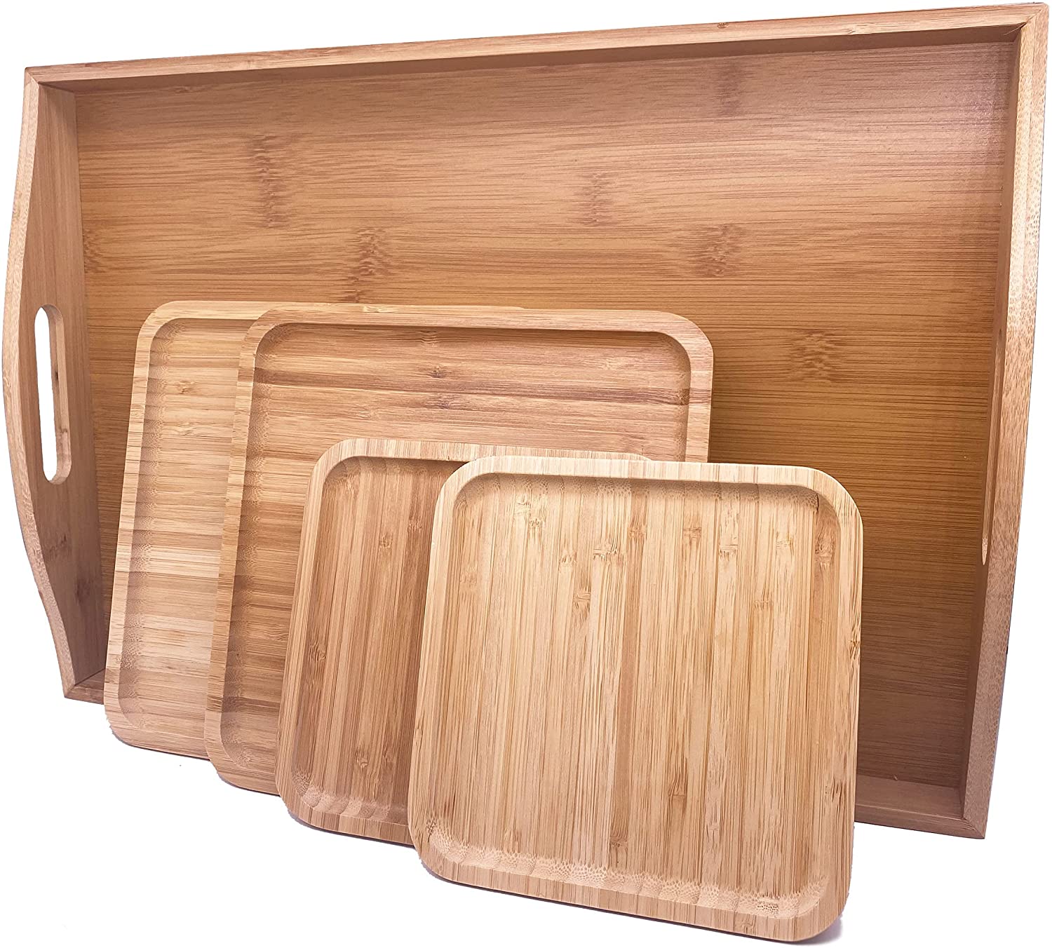 Price:$35.99 Bamboo Serving Trays Dinner Plates Cheese Board/Charcuterie Platter 16.5"x11.8"（42x30cm with Handle, Set Includes 2xHexagon 9.8"(25cm)+2xSquare 5.9"(15cm) Small Plates for Family Dinner Time : Home & Kitchen
