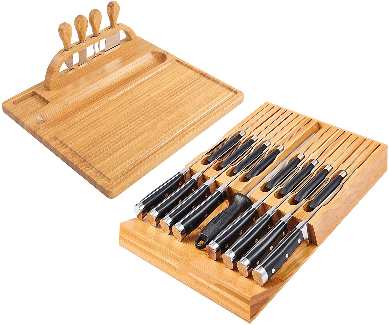 Price:$42.99 In-Drawer Bamboo knife block Organizer knife Holder Bamboo Cheese Board Serving Tray with Knife Set: Home & Kitchen