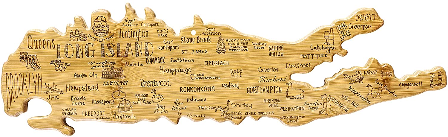 Price:$29.99 Bamboo Destination Long Island Shaped Serving and Cutting Board, Includes Hang Tie for Wall Display: Home & Kitchen
