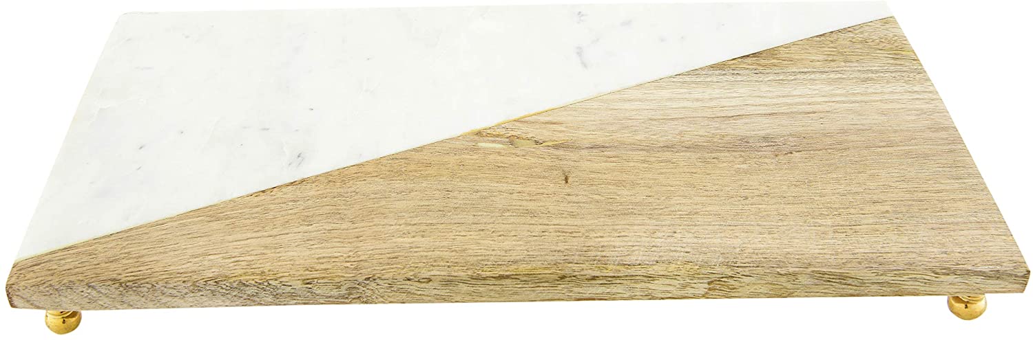 Price:$32.95 Co-Op DF2367 Mango Wood & Marble Cutting Board/Serving Brass Feet Pedestal Tray, White : Home & Kitchen