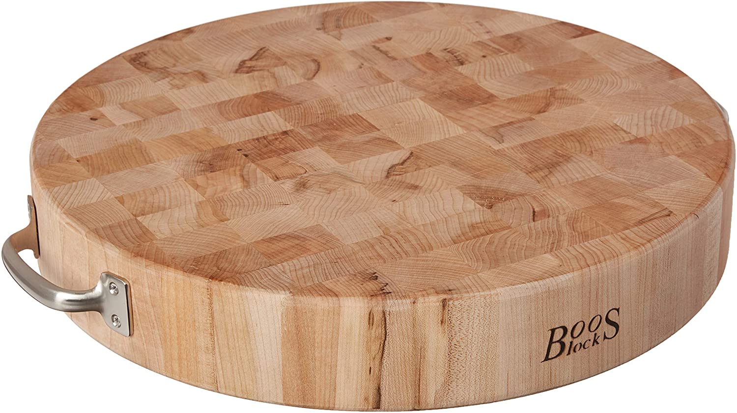 Price:$267.95 Boos Block CCB183-R-H Maple Wood End Grain Round Cutting Board with Stainless Steel Handles, 18 Inches Round x 3 Inches Tall: Cutting Boards: Home & Kitchen