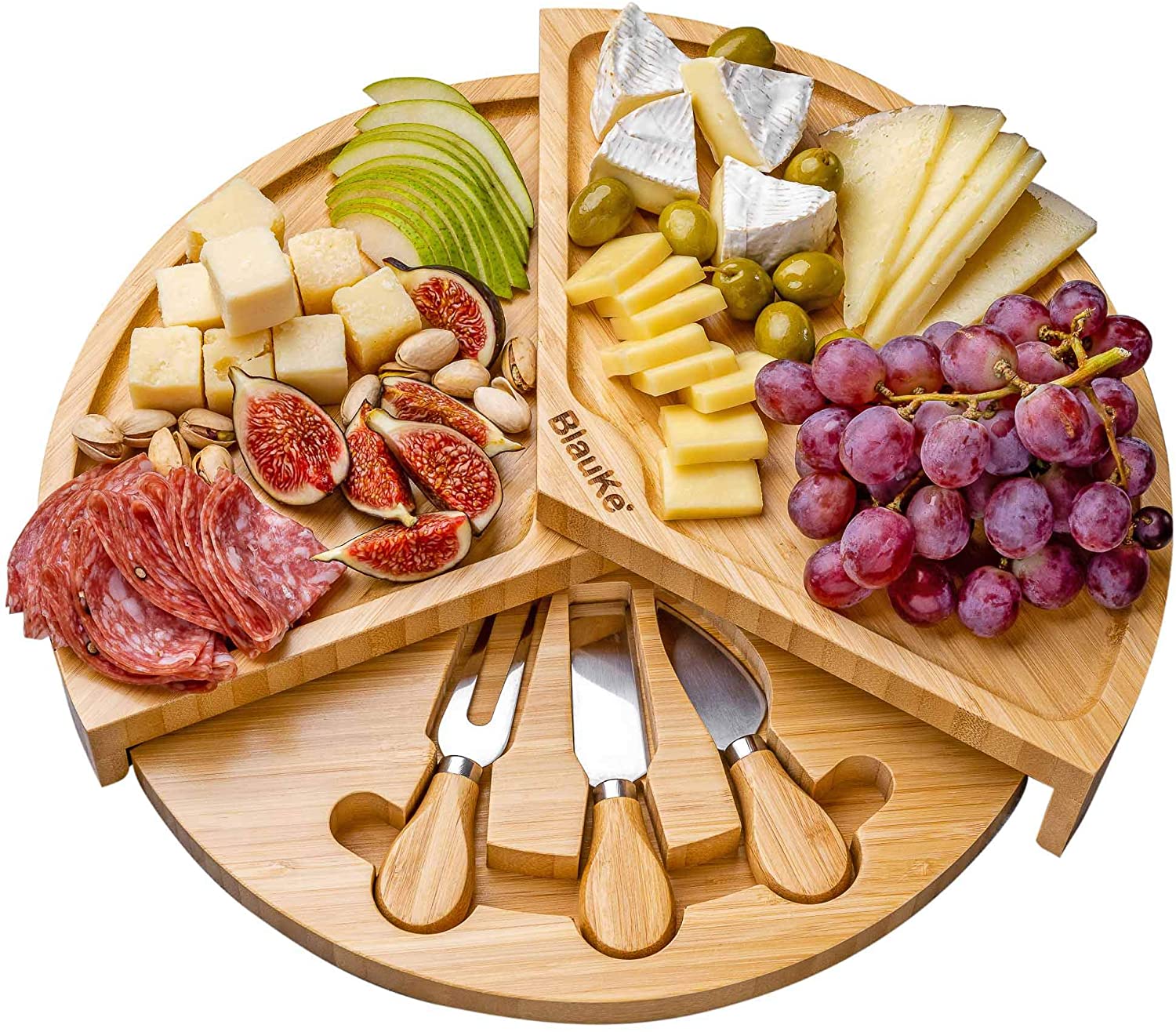 Price:$49.99 Cheese Board and Knife Set, 14" Swiveling Charcuterie Board with Slide-Out Drawer, Cheese Serving Platter, Round Serving Tray, Wood Cheese Board Set - Anniversary Birthday Housewarming Gift : Home & Kitchen