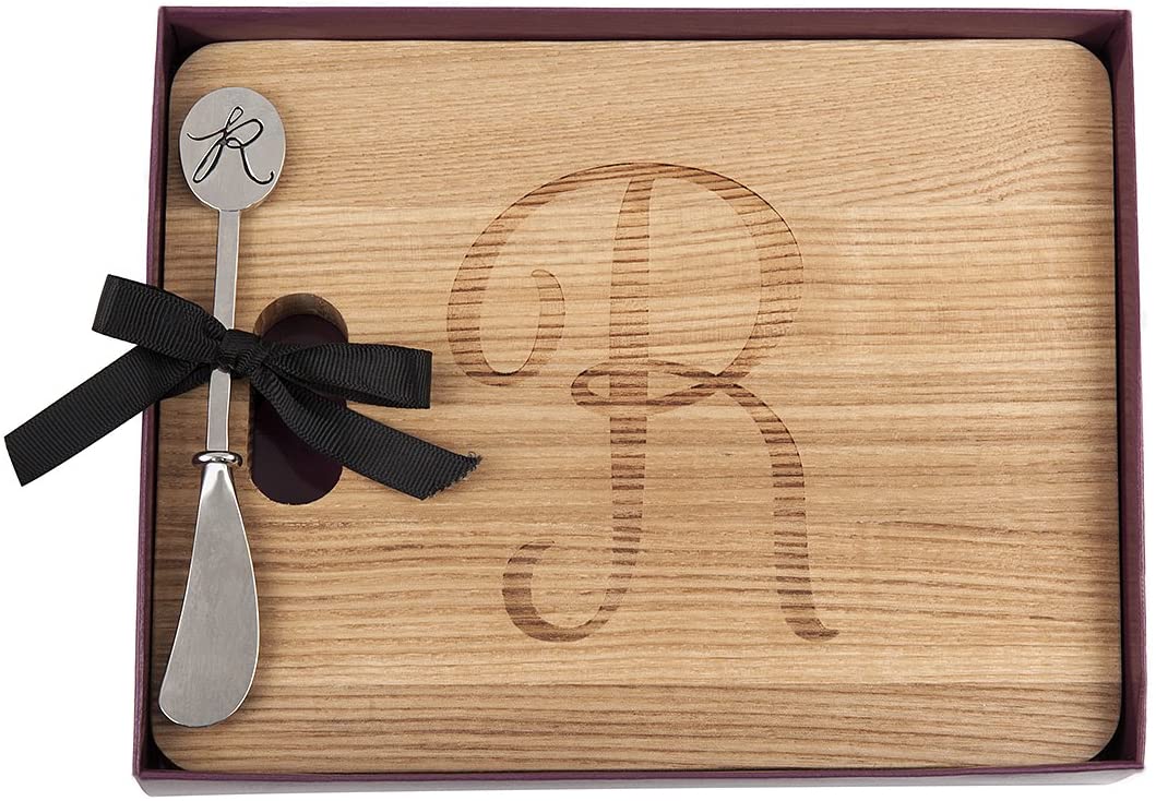 Price:$19.99 Natural Hardwood Fraxinus Mandshurica Foodsafe Cheese Board With Spreader, Initial R: Home & Kitchen