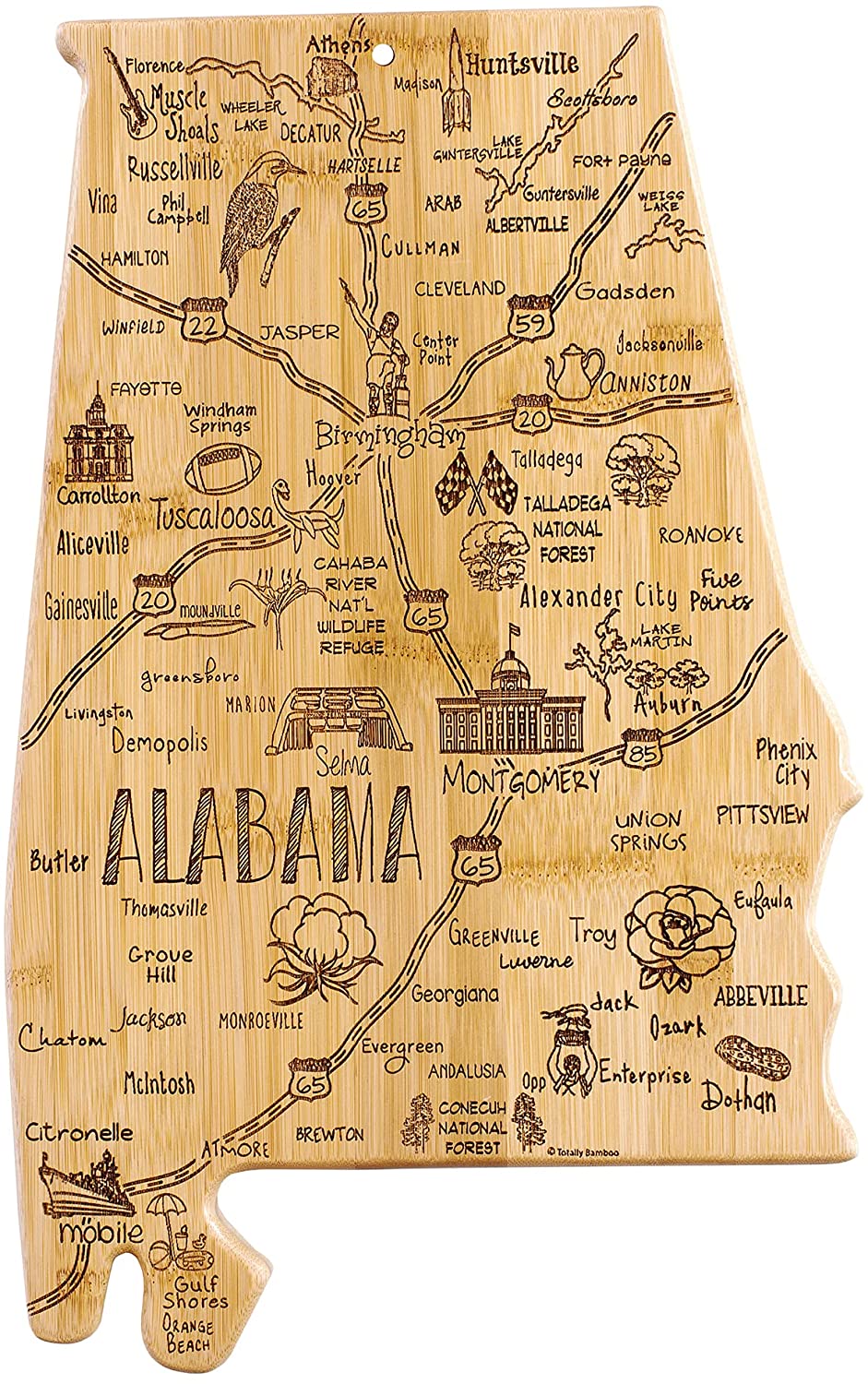 Price:$29.99 Bamboo Destination Alabama State Shaped Bamboo Serving and Cutting Board, Includes Hang Tie for Wall Display: Home & Kitchen
