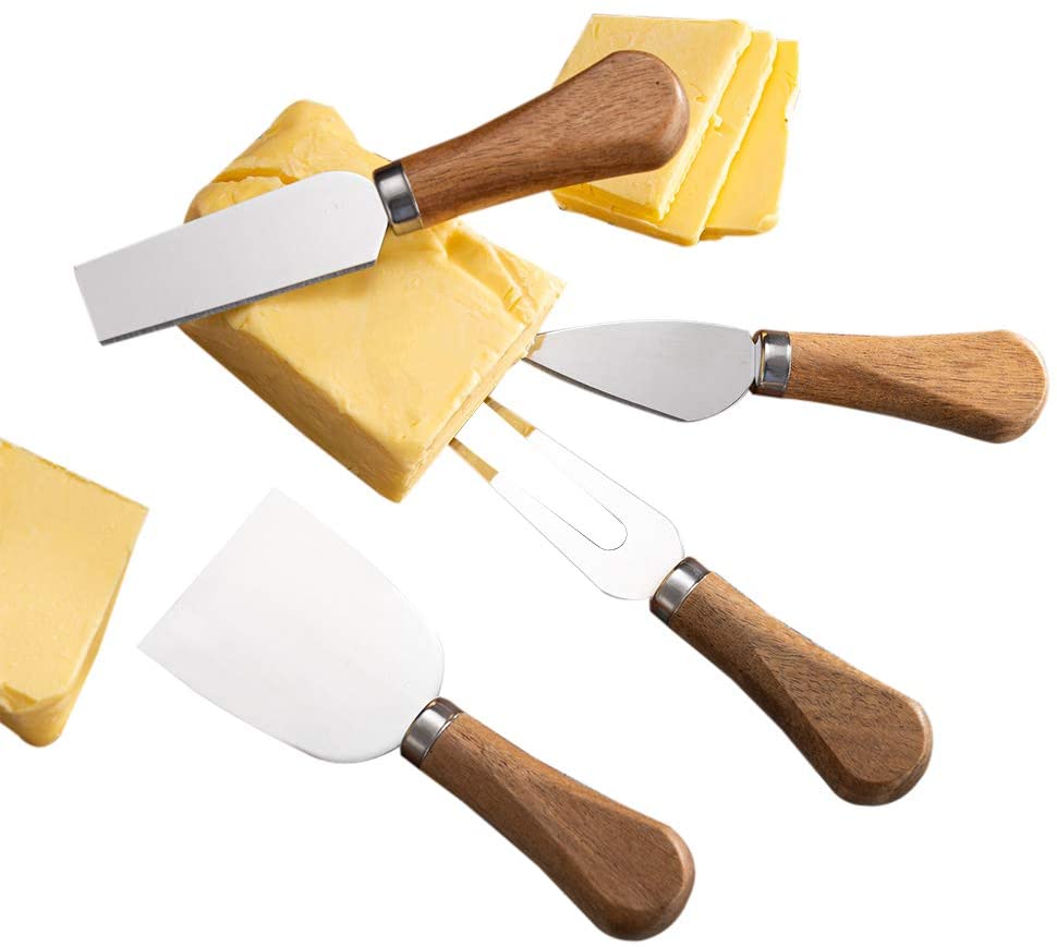 Price:$7.99 Piece Set Cheese Knife - Stainless Steel Cheese Cutter Board and Slicer, Fork Shaver and Spreader with Wood Handle, Sharp Butter Knife and Spatula for Cake Cutlery: Home & Kitchen