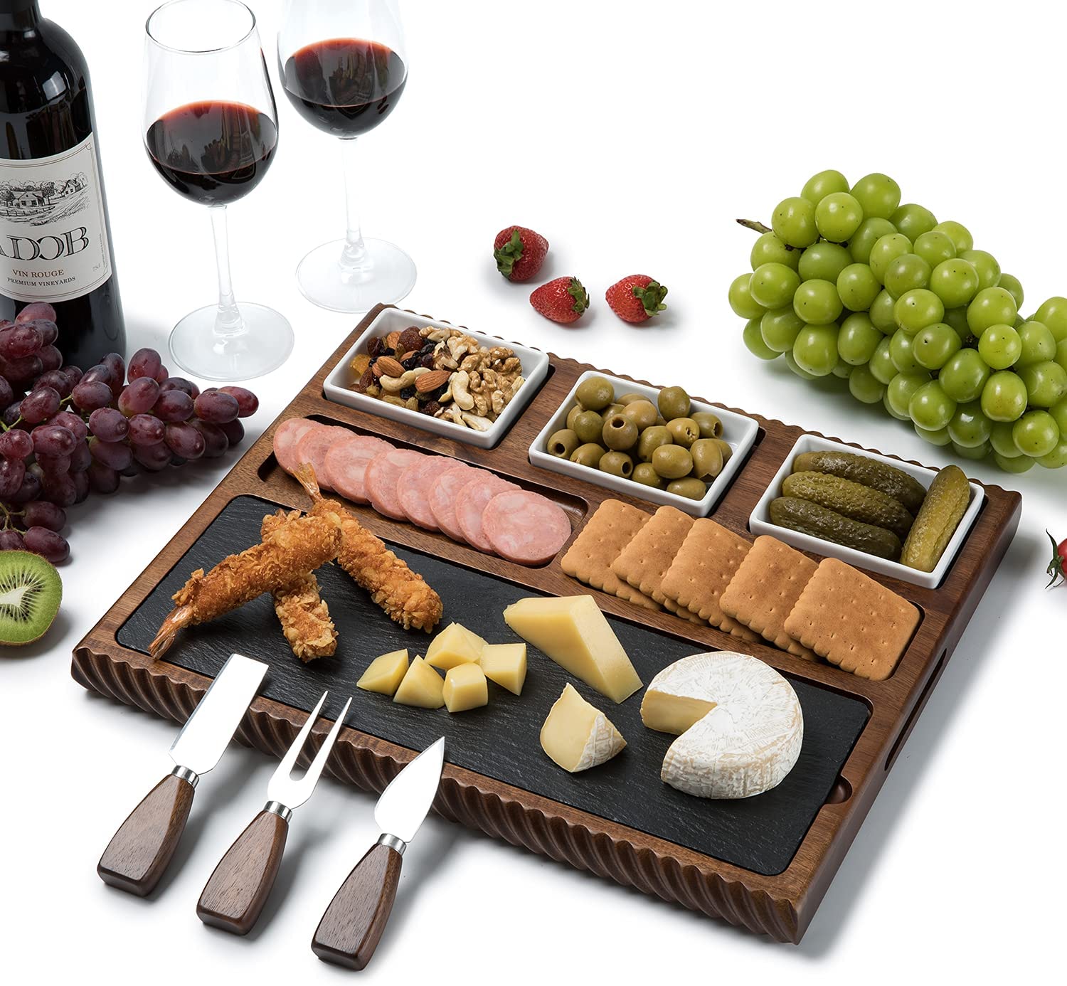 Price:$74.99 Cheese Board with Black Slate Blade and 3 Stainless Steel Cutlery Set, Acacia Wood Charcuterie Board and Cheese Serving Platter, Unique Handcrafted Design with 3 Ceramic Bowls: Cheese Plates