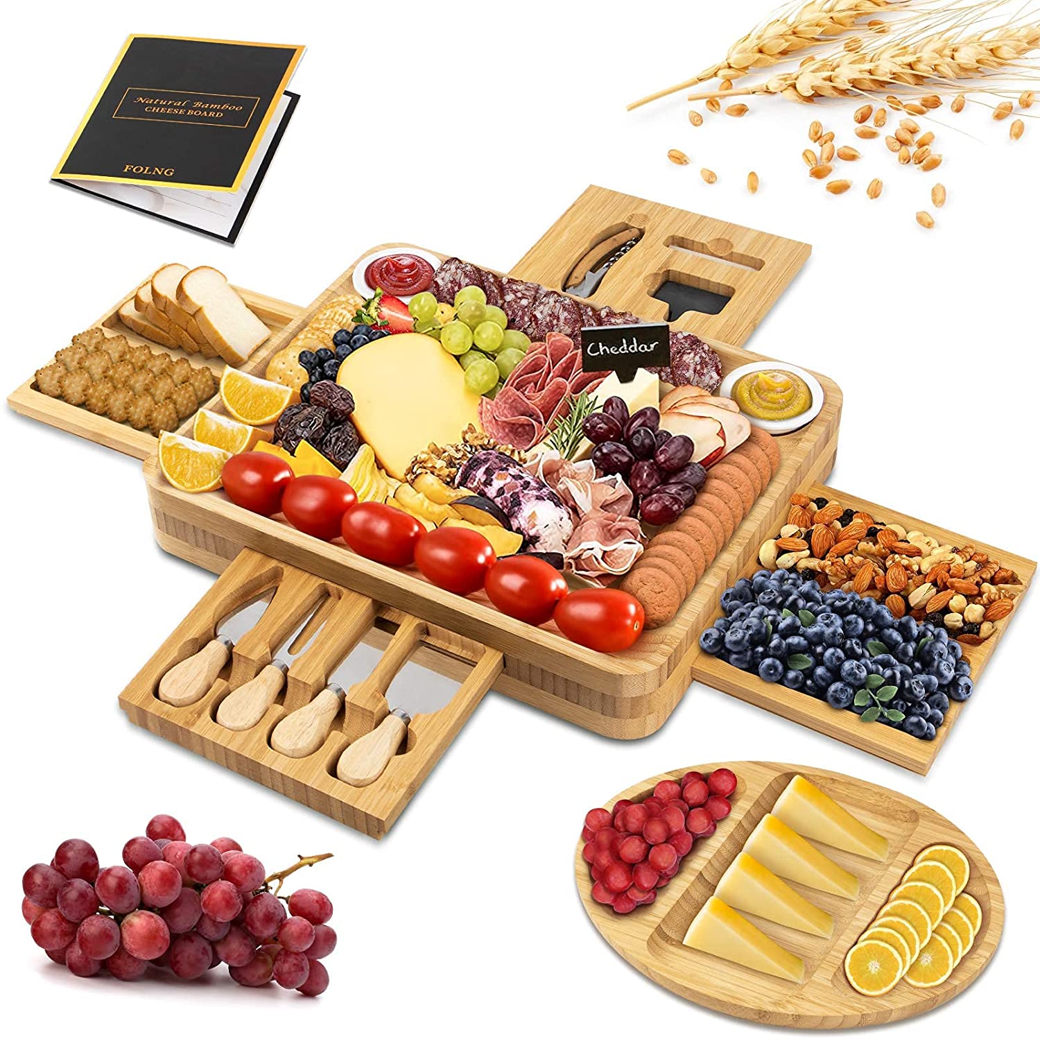 Price:$69.99 Cheese Board and Knife Set, Charcuterie Board Set with 4 Drawer, 2 Sauce Dish Bowls, 1 Tray Large Cheese Serving Platter for Fruit Cheese and Meat, Housewarming Gifts (15 pcs): Cheese Plates