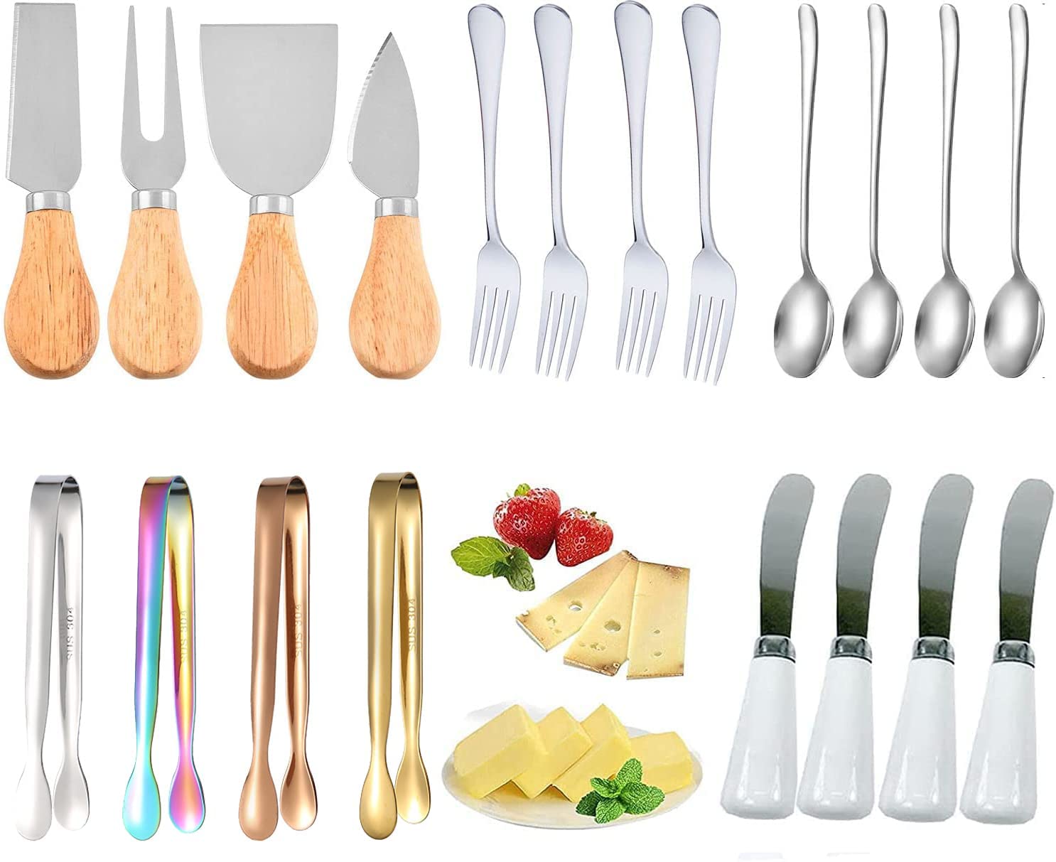 Price:$18.94 Pieces Spreader Knife Set, Stainless Steel Cheese Slicer Butter Spreader Knives with Wooden Handles Mini Serving Tongs Spoons and Forks for Butter, Pastry Making (Silver): Home & Kitchen