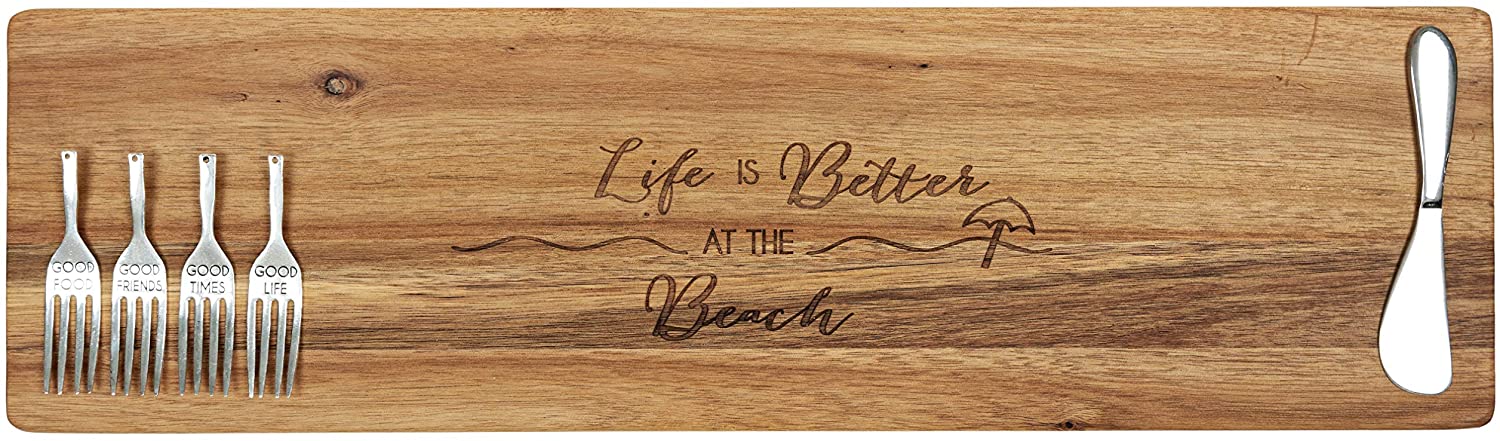 Price:$35.12 Gift Company Life Is Better At The Beach 21 x 6 Inch Cheese Serving Board, Single Knife & Four Fork Set With Debossed Text, 21", Brown: Serveware Accessories