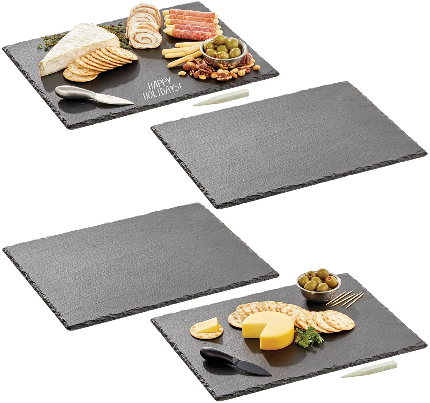 Price:$52.99 Slate Stone Gourmet Chalkboard Serving Platter, Cheese Board, Charcuterie Tray with Natural Edge and Chalk Pencils for Cheese, Meats, Appetizers, Dried Fruits, and Food - 4 Pack - Black: Cheese Plates