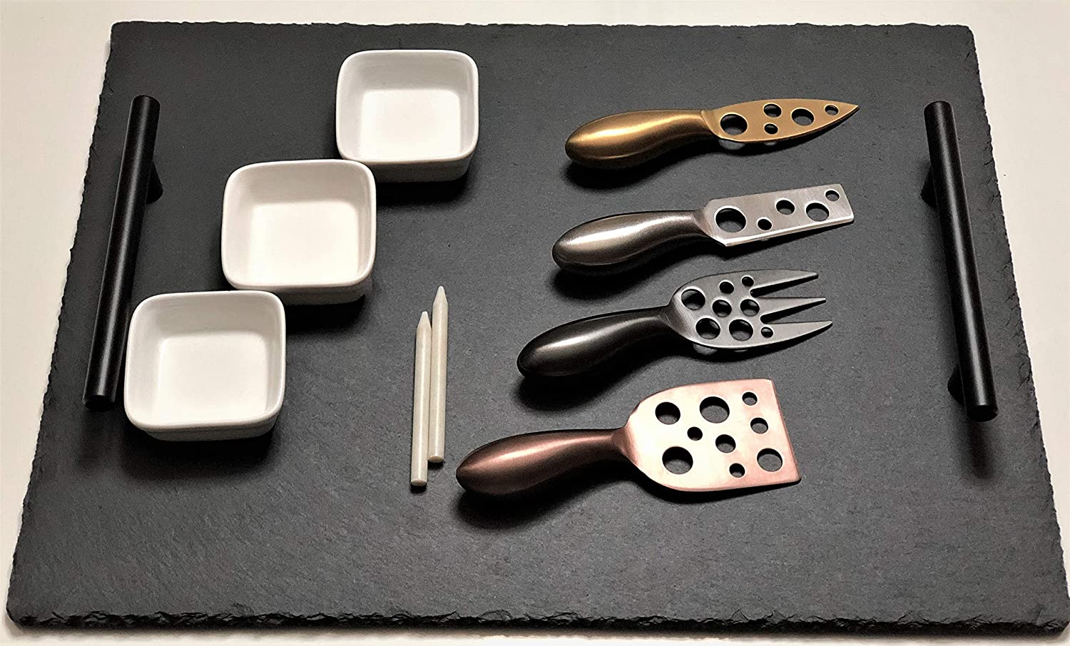Price:$65.99 Slate Cheese Board and Knife Set | 14 Pieces 16" x 12" Serving Tray with Black Handle 4 Color Cheese Knives and Spreader Ceramic Bowls Charcuterie Board: Cheese Plates