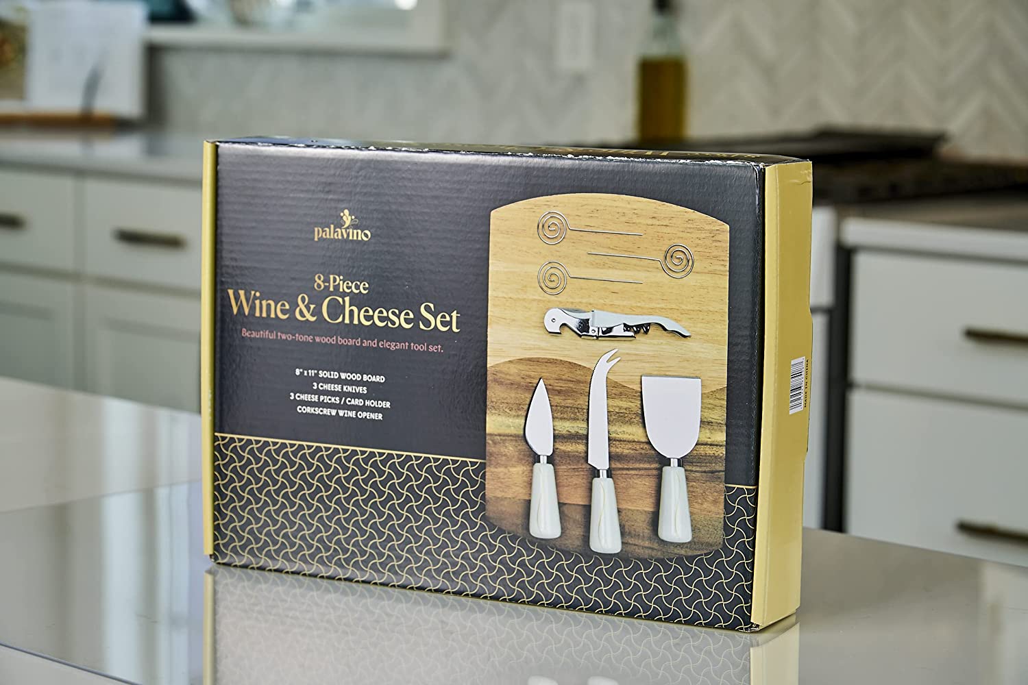 Price:$44.95 8 Piece Cheese Board and Knife Set, Cheese and Wine Set Includes Corkscrew Wine Opener, 3 Cheese Knives, 3 Cheese Picks/Cardholders, and Solid Wood Cheese Cutting Board: Home & Kitchen