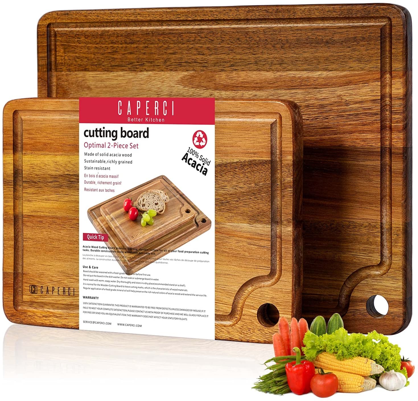 Price:$24.99 Acacia Wood Cutting Board Set 2 Piece - Caperci Better Kitchen Cheese Serving Board with Juice Groove (14 x 11 & 11 x 8 Inch): Home & Kitchen