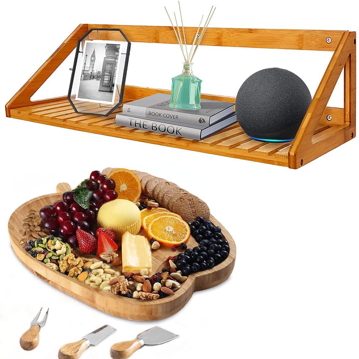 Price:$59.89 Large Bamboo Wall Shelf for Home Decor, Apple Cheese Board with Knives Set, Ideal Gift Set for Parents, Friends : Home & Kitchen