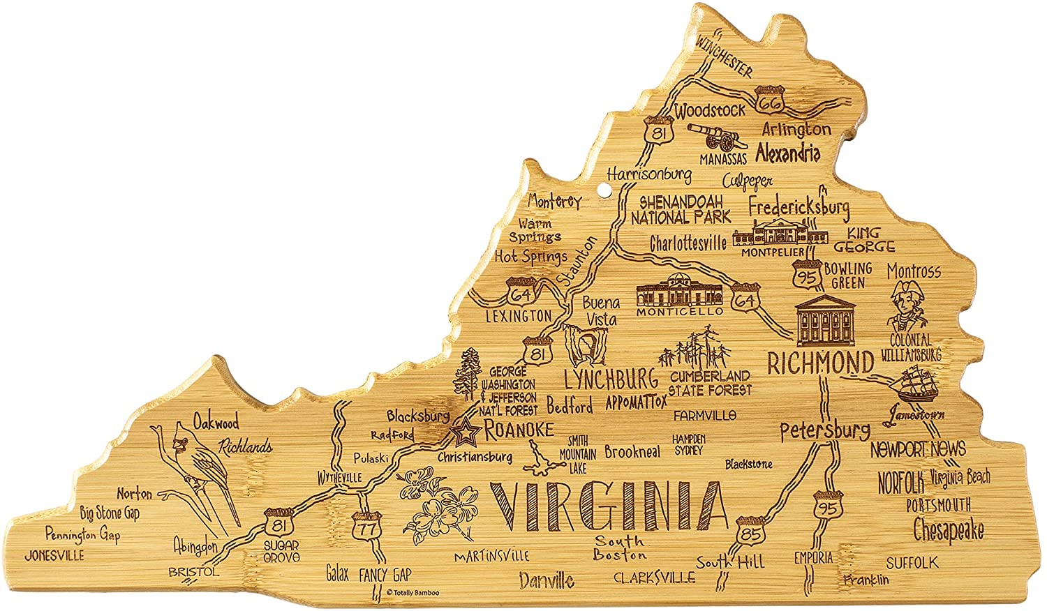 Price:$29.99 Bamboo Destination Virginia State Shaped Serving and Cutting Board, Includes Hang Tie for Wall Display: Home & Kitchen