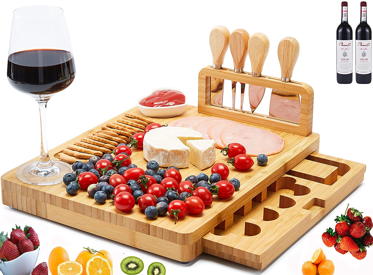 Price:$33.99 Bamboo Cheese Board and Knife Set for Kitchen, Charcuterie Board with Drawer, Serving Tray, Charcuterie Platter Cutting Board Cheese Meat Fruit, Housewarming Wedding Birthday Christmas Gift: Cheese Plates