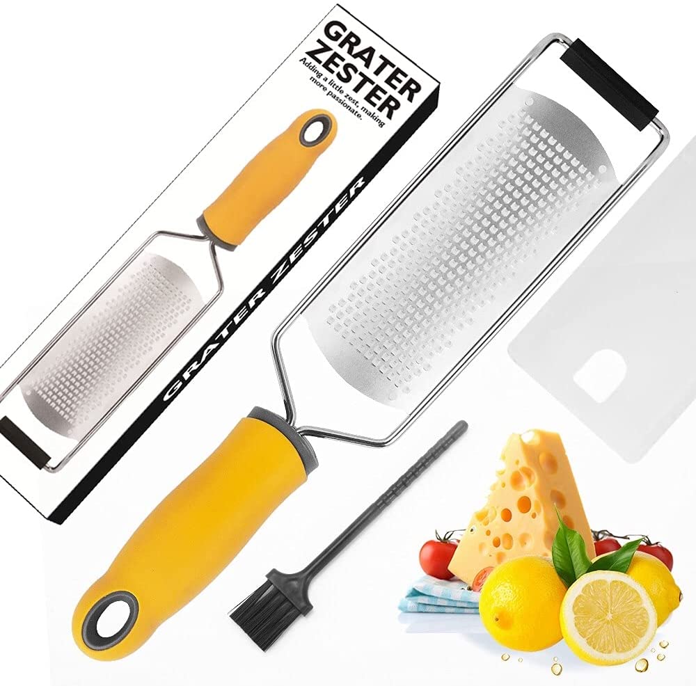 Price:$10.99 Cheese Lemon Grater Stainless Steel with sharp stainless steel blades, protective cover and cleaning brush Great for Cheese, Chocolate, Spices, Lemon etc, Yellow: Home & Kitchen