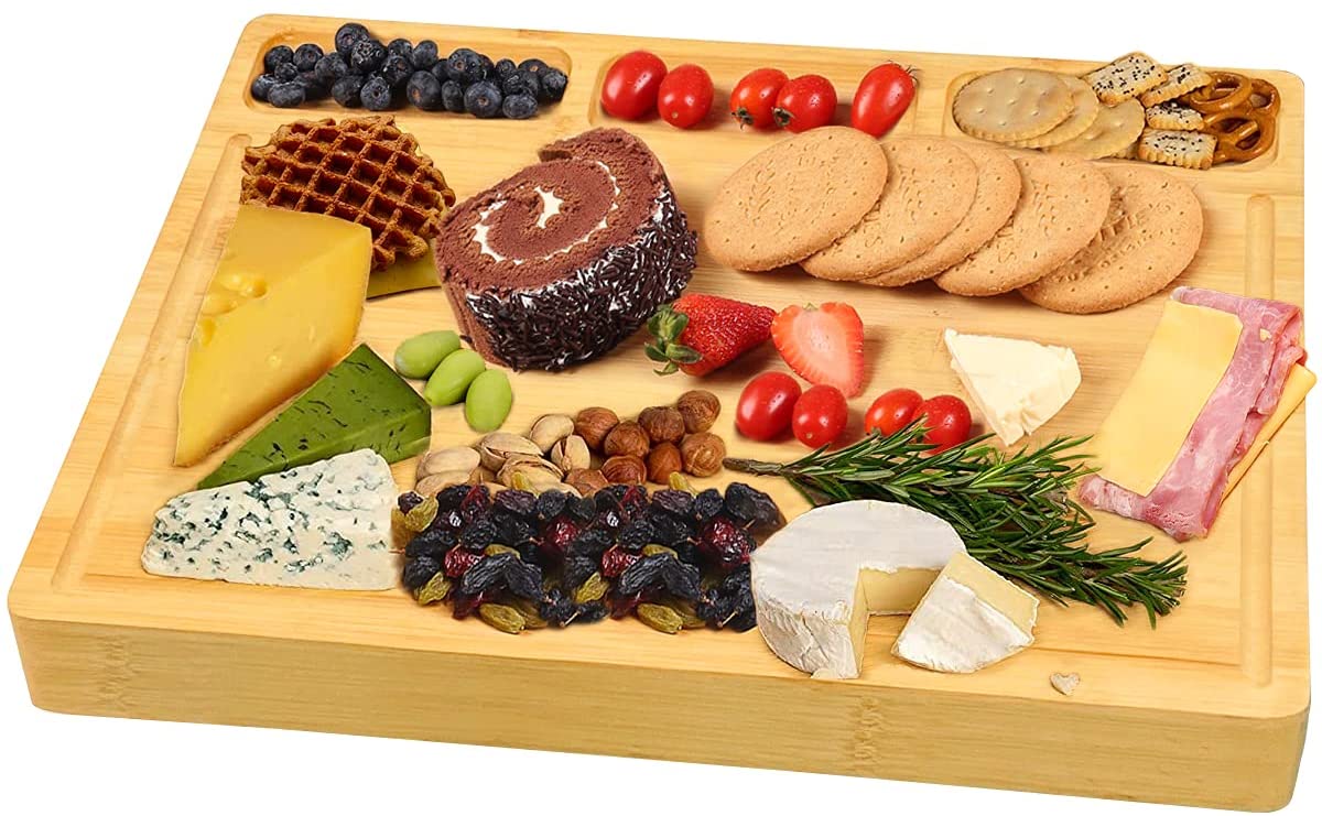 Price:$24.69 Thick Bamboo Cutting Board Cheese Board For Kitchen With Tray Side, With 3 Built-In Compartments And Juice Grooves, Heavy Duty Chopping Board Serving Tray, Butcher Block, Carving Boar…: Home & Kitchen