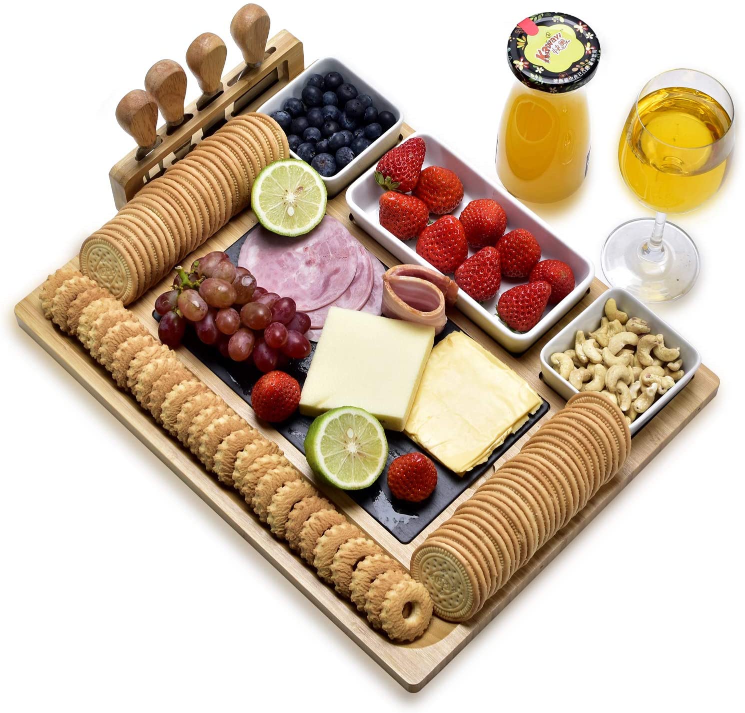Price:$39.99 cheese board set, with cheese knife, vertical knife holder, ceramic bowl, detachable slate board - high grade barbecue board, is the gift for birthday, wedding and housewarming: Cheese Servers