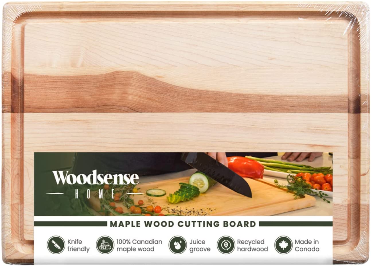 Price:$49.95 Home Maple Wood Cutting Board 12 x 18 inches. Large Kitchen Cutting Board with juice groove. Recycled Hardwood Edge Grain Board Cured with Food-grade Mineral Oil made in Canada.: Home & Kitchen