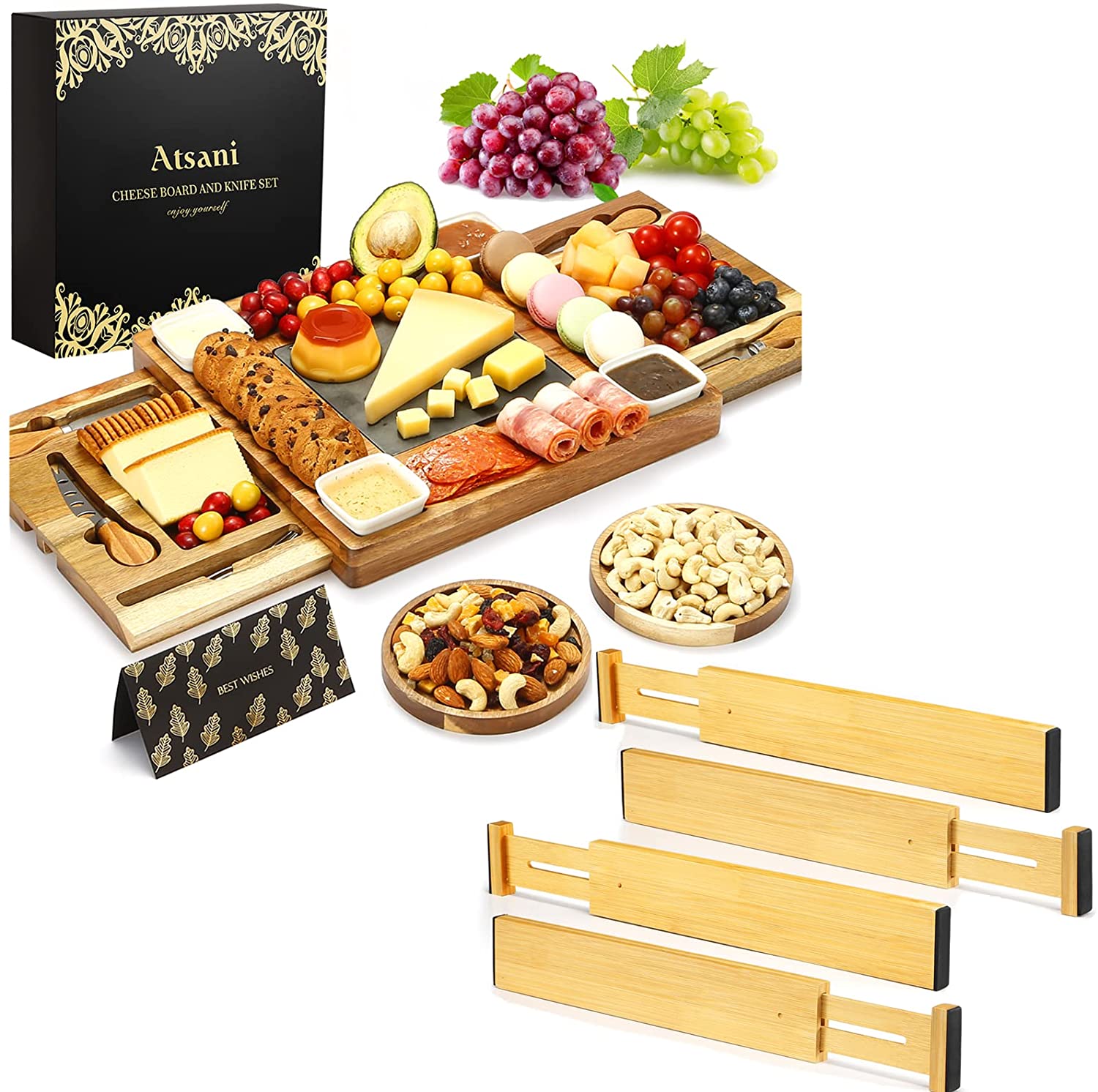 Price:$80.99 Board Set & Knife Set, Drawer Dividers 4 pack, Wood Charcuterie Boards,Tray with Cutlery in Double Slide-Out Drawer, Adjustable Expandable Drawer Organizer, Gift for Valentine,Wedding,Ho: Plates