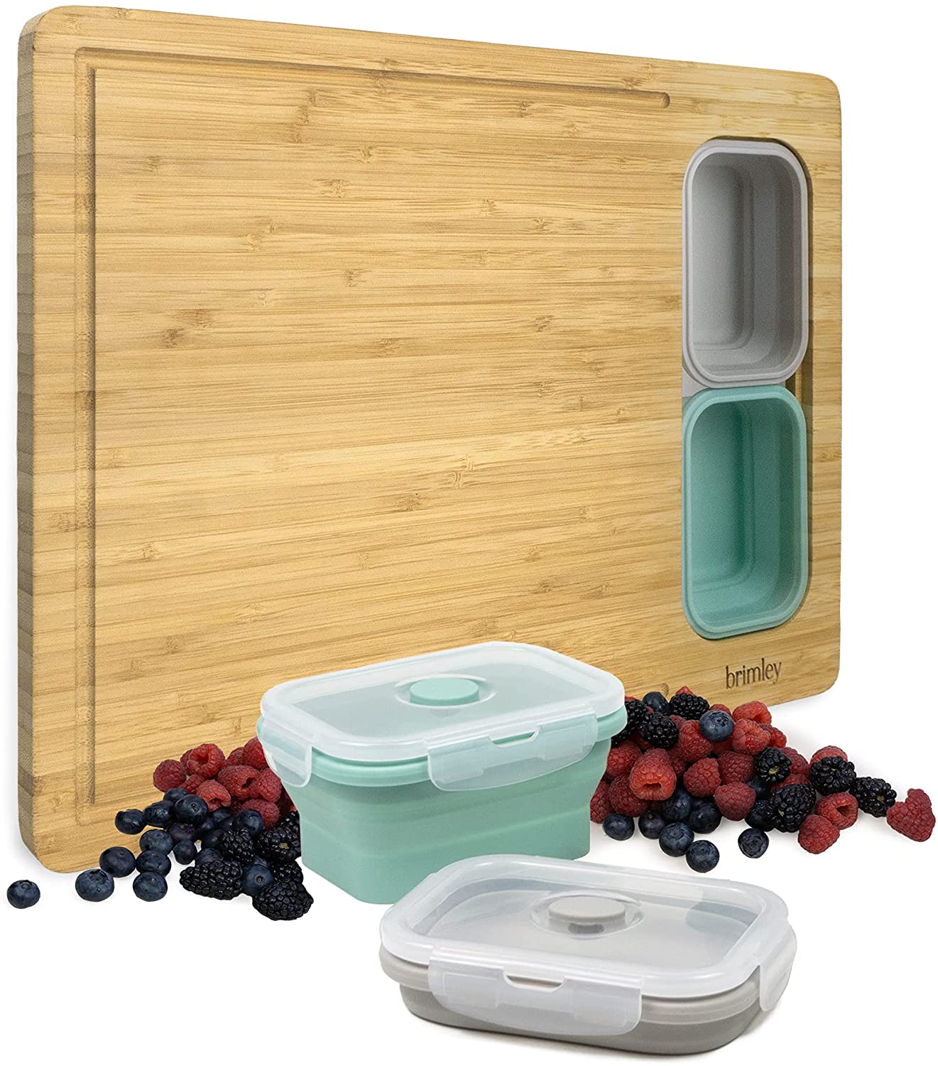Price:$29.99 Bamboo Cutting Board, with 4 Collapsible Silicone Food Storage Containers and Lids for Storage, Meats, Cheese, Fruit and Vegetable Chopping Board: Home & Kitchen