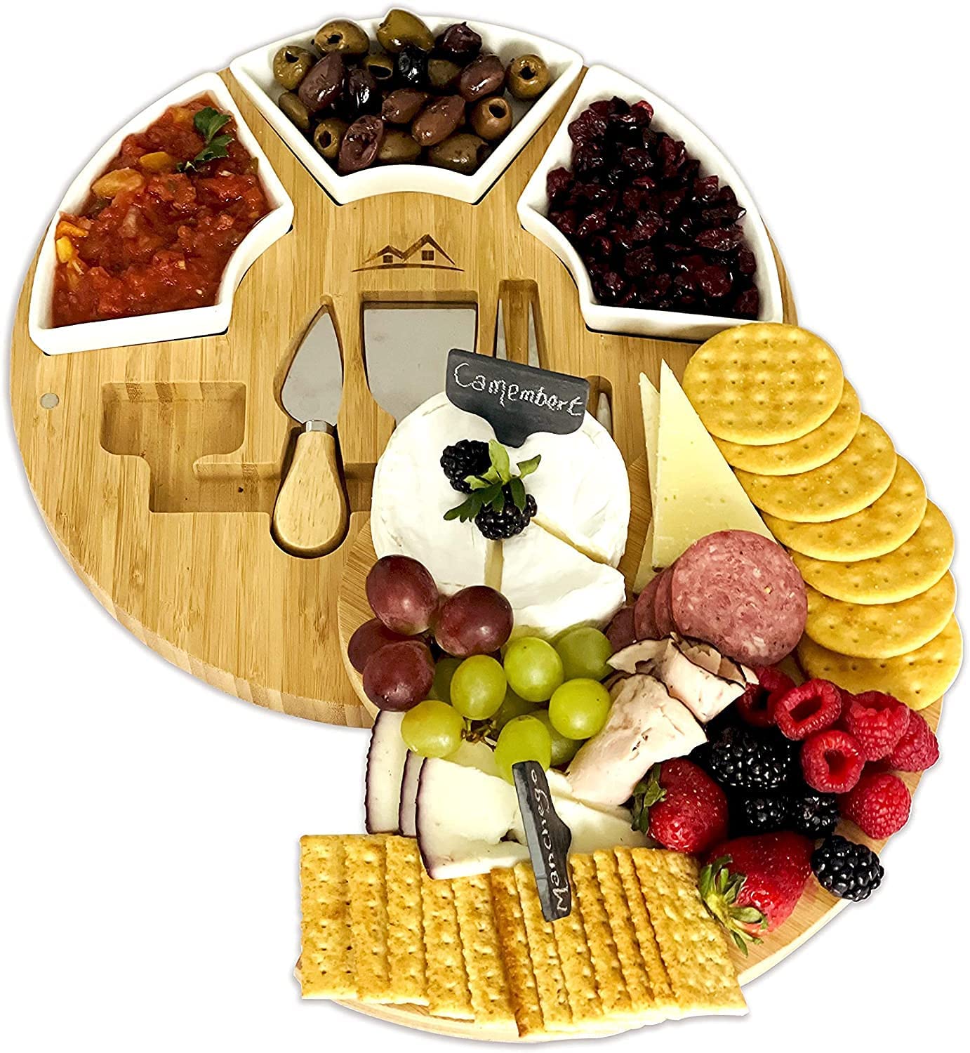 Price:$41.95 Board Set - Charcuterie Board and Serving Platter - 13 Inch Cutting Board and Knife Set for Entertaining and Serving - 3 Knives and 3 Bowls Serving Board: Plates
