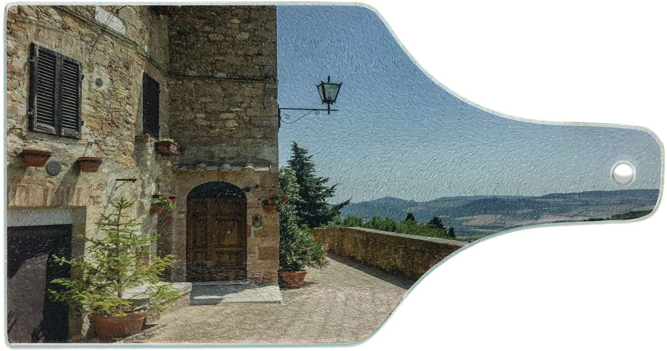 Price:$19.90 Italian Cutting Board, Walls of Pienza in Tuscany Historical European Landmark Art, Decorative Tempered Glass Cutting and Serving Board, Wine Bottle Shape, Brown Blue: Home & Kitchen
