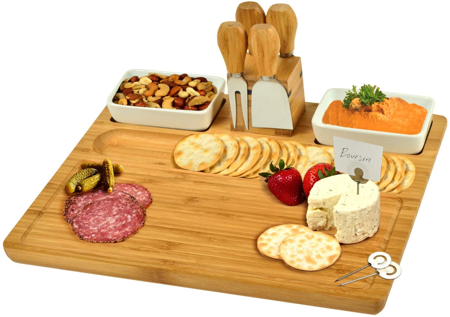 Price:$49.00 at Ascot Large Bamboo Cheese Board/Charcuterie Platter with 4 Stainless Steel Tools , 2 Ceramic Trays & Cheese Markers -16" x 13"- Designed & Quality Checked in USA: Cheese Plates