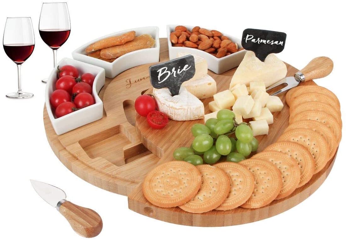 Price:$43.99 Bamboo Cheese Board Set – Serving Tray and Cheese Serving Platter. Cheese Board and Knife Set for Cracker and Brie. Large Charcuterie Board Set and Cheese Tray for Housewarming Gift (Round): Cheese Plates
