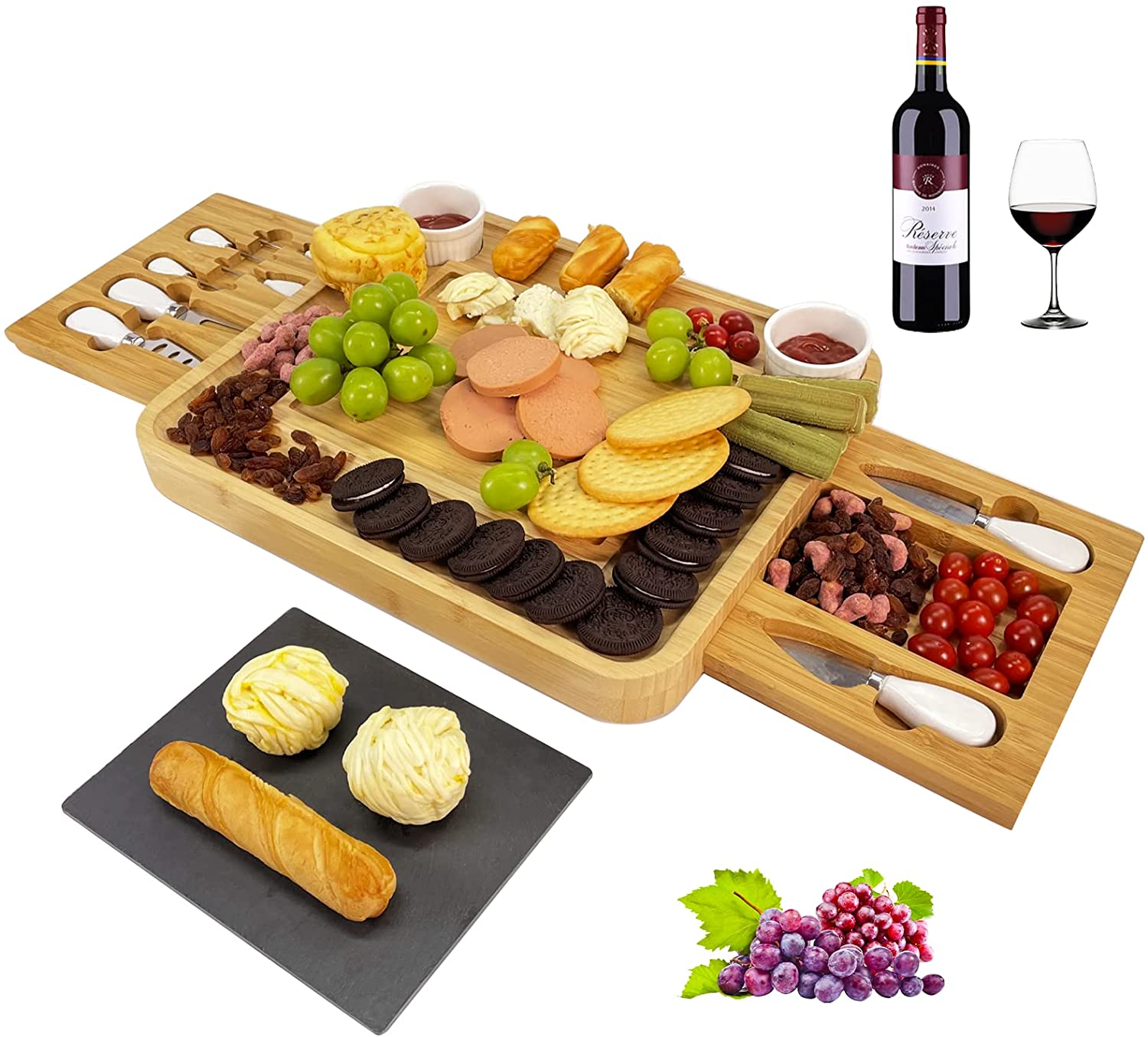 Price:$45.99 Cheese Board and Knife Set Bamboo Charcuterie Boards Cheese Serving Board With Slate Plate Wooden Cheese Platter Set,Cheese Tray, Gifts for Christmas, Birthday, Housewarming, Wedding: Cheese Plates