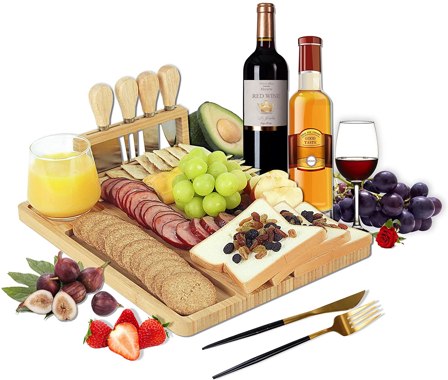 Price:$29.99 Bamboo Cheese Board Set, Charcuterie Platter and Serving Meat Board Including 4 Stainless Steel Knife and Serving Utensils, Unique Gifts for Christmas Wedding Birthday Anniversary(14''x11''): Cheese Plates