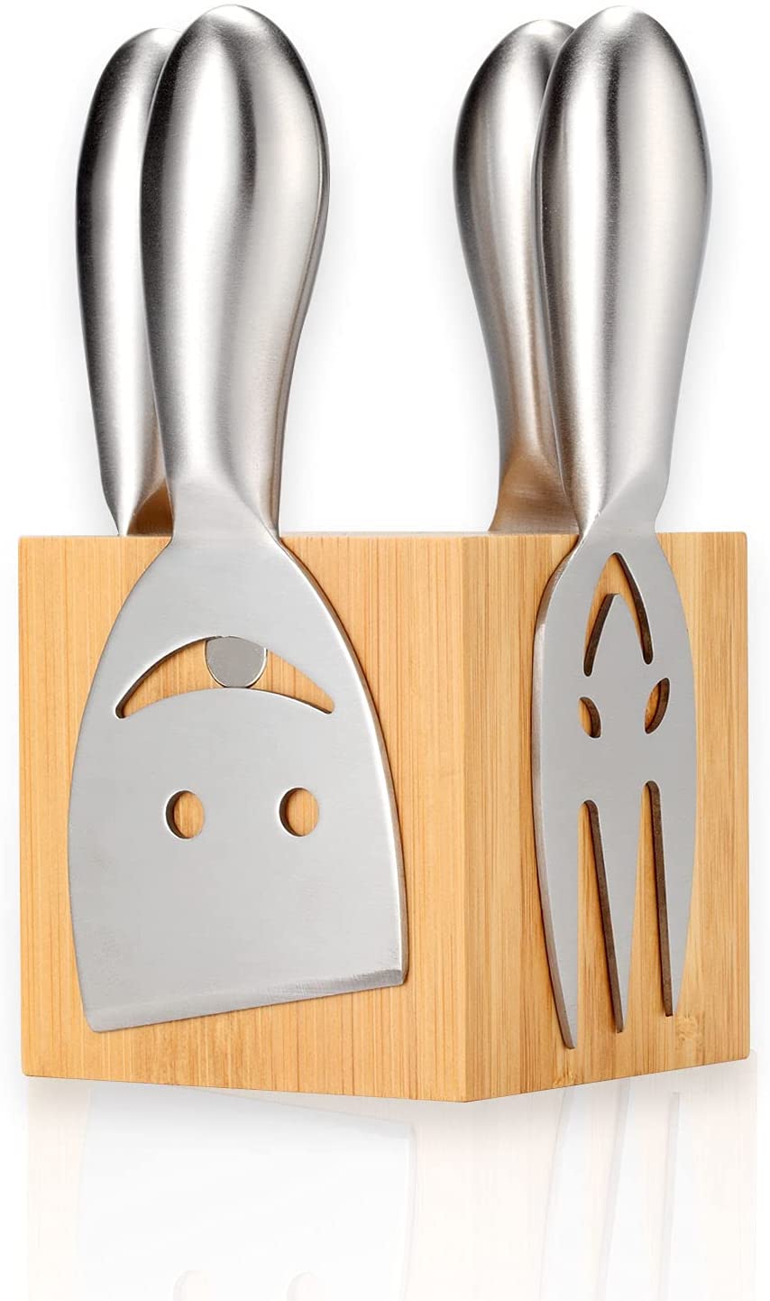 Price:$25.00 The Smiling Face Cheese Knives Set.4 Pieces Stainless Steel Cheese Slicer Cheese Cutter with Wood Bamboo Magnetic Block Stand.: Home & Kitchen