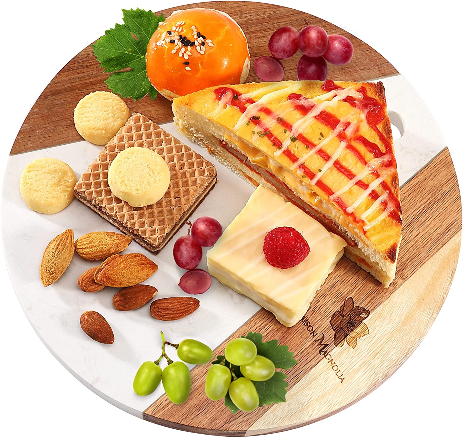 Price:$29.99 Magnolia Marble Cheese Board Pastry Board 10” Round Cutting Board White Marble Slab with Acacia Wood for Charcuterie Meats Breads as Serving Trays: Cheese Plates
