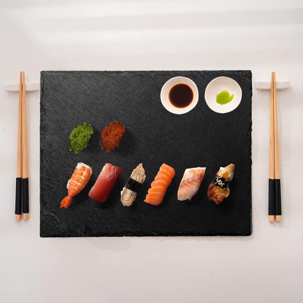 Price:$21.99 Plate Set Black Serving Tray Slate Cheese Board 12x8in, 7 Pieces of Kit - 1 Slate Plate, 2 Soy Sauce Dish, 2 Pairs of Chopsticks, 2 Chopsticks Holders: Plates