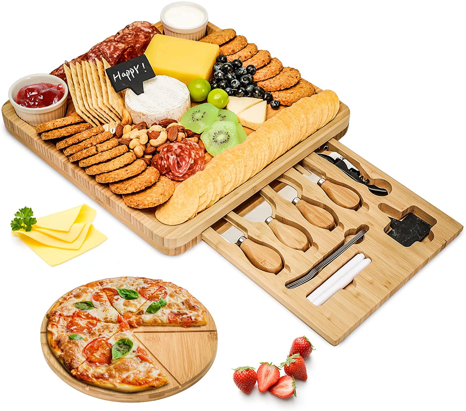 Price:$49.99 Cheese Board and Knife Set, Bamboo Charcuterie Board Set, 13x13'' Cheese Serving Tray with 4 Knives, Drawer and Wine Opener for Housewarming Wedding Birthday Thanksgiving Day Gift : Home & Kitchen